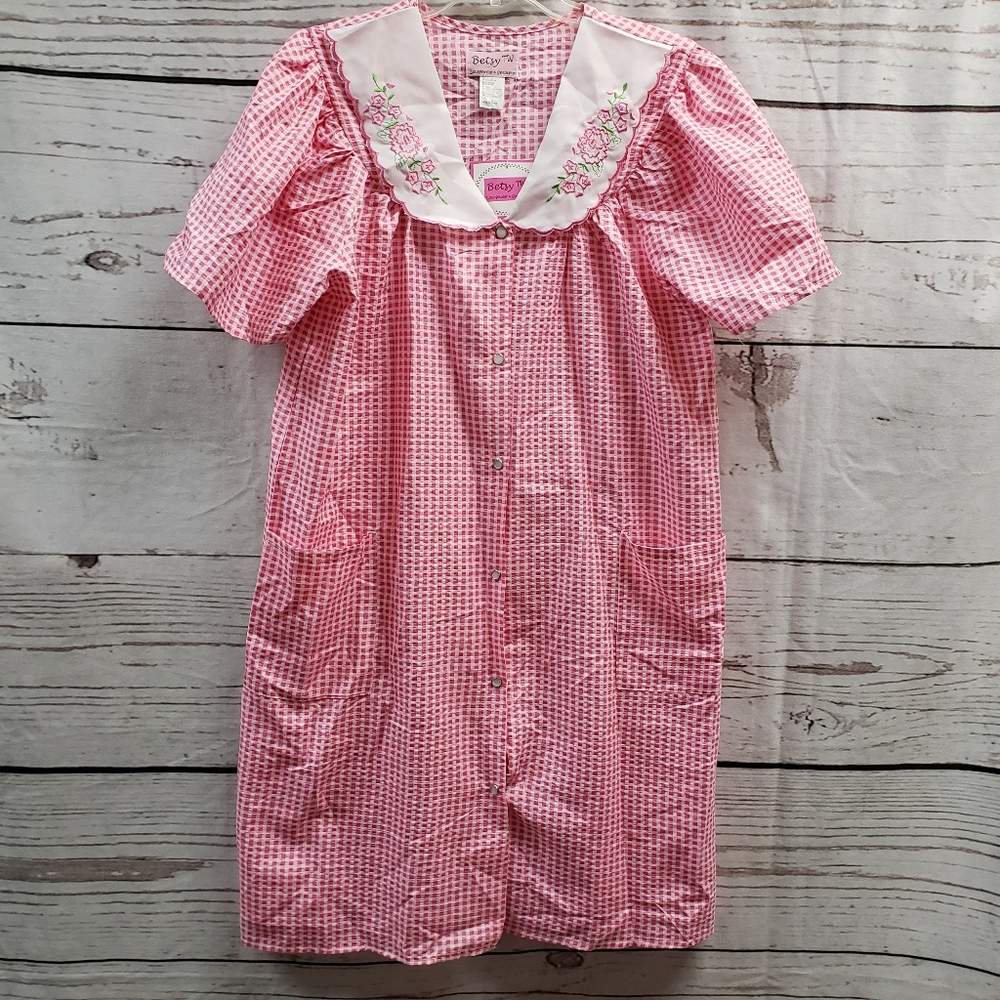 Betsy TW Lg Pink Gingham Checked Robe House Coat Dress Sleepwear Cottagecore New